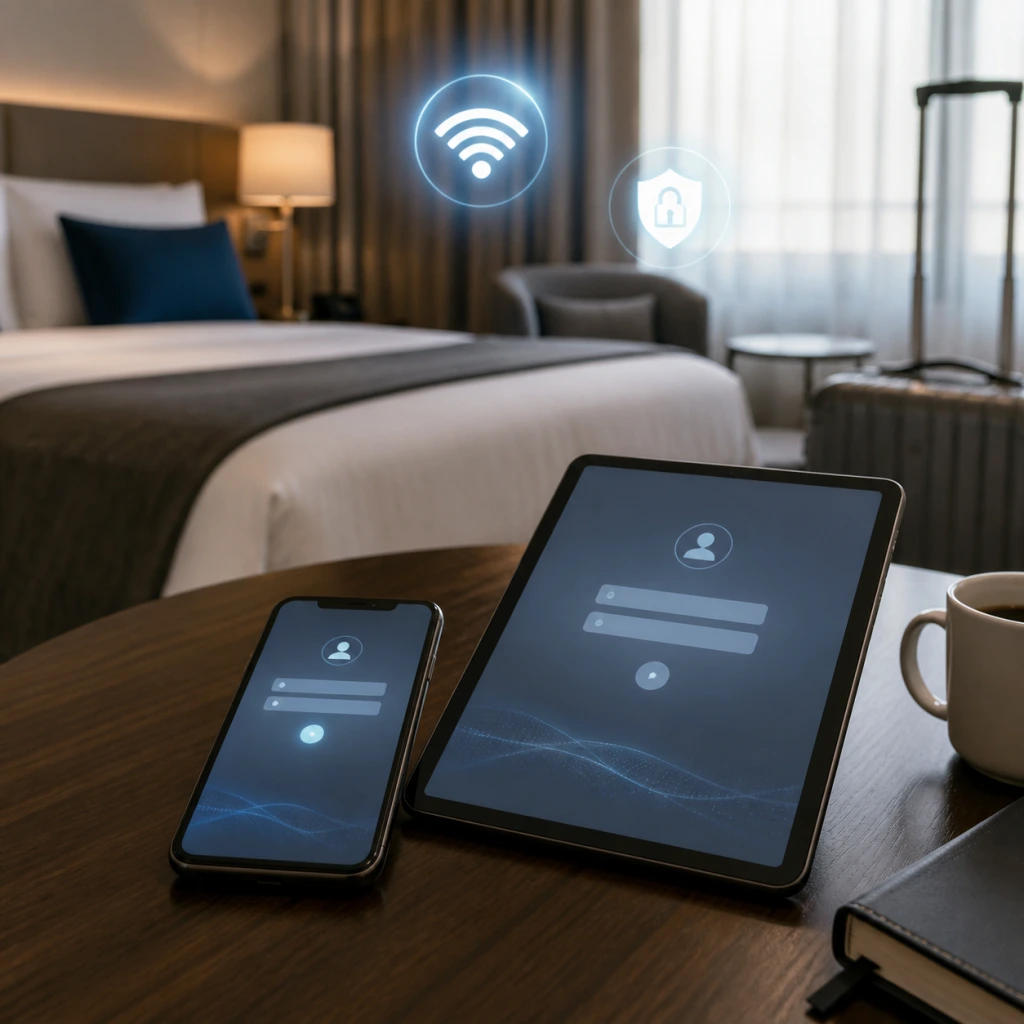 Hotelkamer met apparaten waarop een generiek inlogscherm via wifi wordt getoond