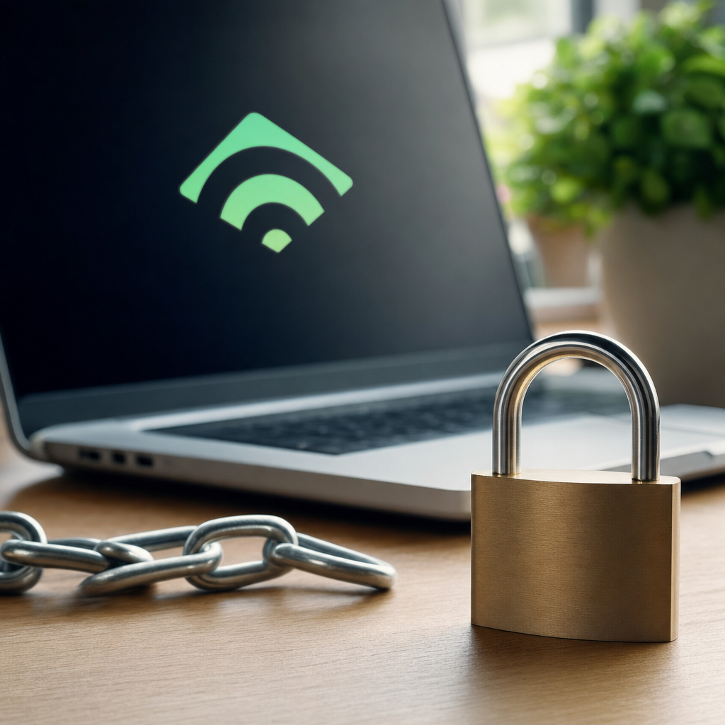Laptop met wifi-symbool, hangslot en ketting als beveiligingsbeeld voor draadloos netwerk