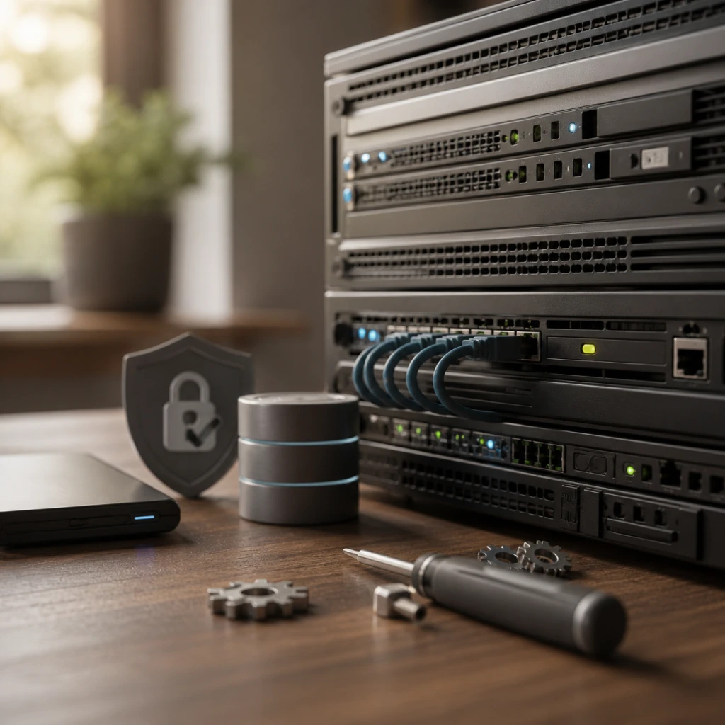 Webserverapparatuur met beveiligingssymbool en onderhoudsgereedschap