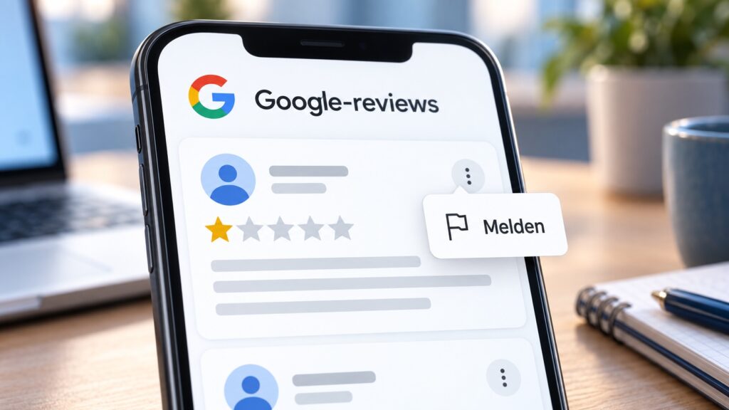 Illustratie van een Google-review met één ster en het menu om de review te melden.